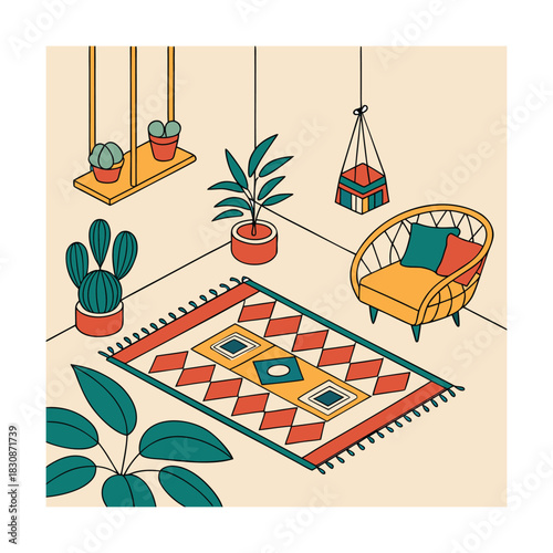 Stylish bohemian living room interior with a cozy armchair, patterned rug, and hanging plants, creating a relaxing and inviting space for modern home decor enthusiasts