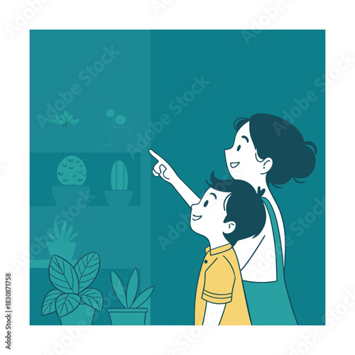A mother and son admiring potted plants in a shop, fostering a love for nature and gardening in a heartwarming family moment of discovery and learning