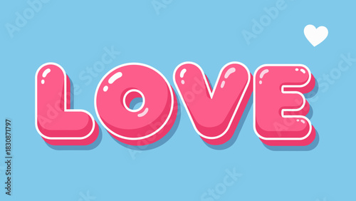 The word LOVE in a pink bubbly 3D font on a light blue background with a small white heart.
