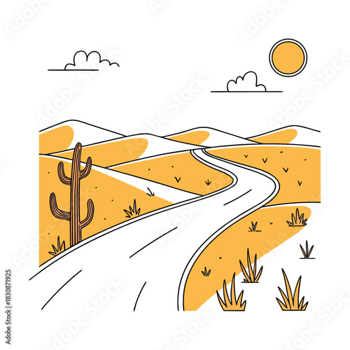 A winding road through a desert landscape with cacti, sparse vegetation, and distant mountains under a sunny sky, capturing the essence of a road trip