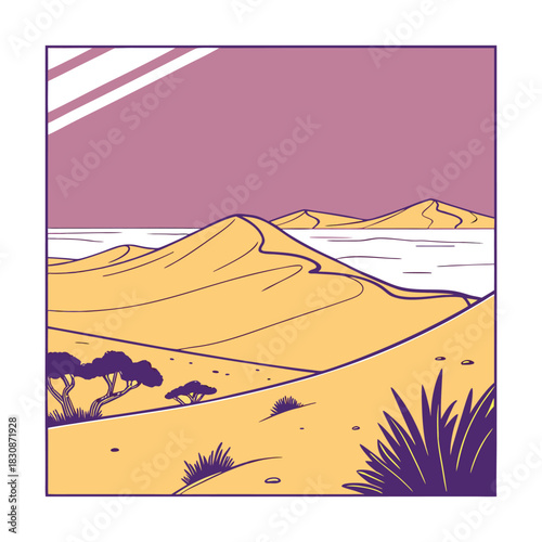 A serene desert landscape with rolling sand dunes, sparse vegetation, and a calm body of water under a pastel sky, evoking a sense of tranquility and vastness