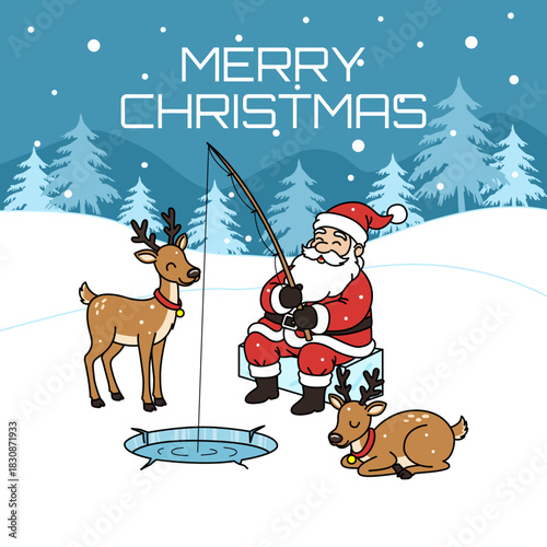 Christmas illustration featuring Santa Claus ice fishing in a snowy winter landscape, accompanied by two adorable reindeer.