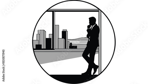 Businessman contemplating the city skyline through a window.