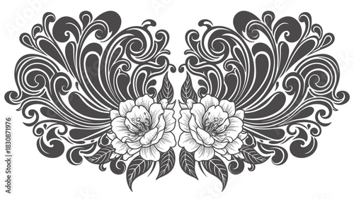 Symmetrical floral ornament with two blooming flowers and swirling decorative elements.