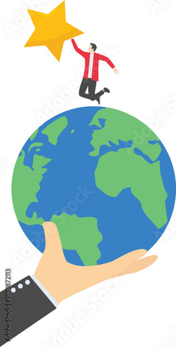 Businessman on globe reaching and grab precious star. concept of success, reward, career path or dream job and opportunity

