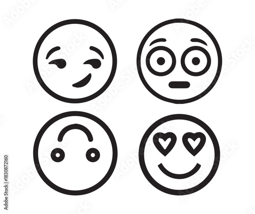 Variety of black and white emoticons vector set, winking, surprised, upside down, and heart eyes expressions