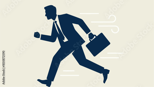 Businessman running fast with briefcase urgent business meeting.