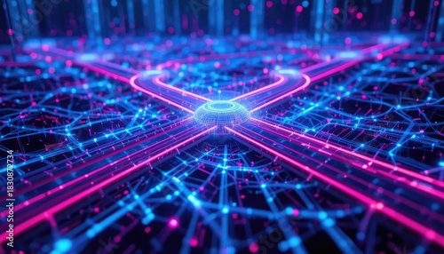 Futuristic Digital Network Grid Visualizing Complex Data Flow and Interconnected Cyber Information Systems