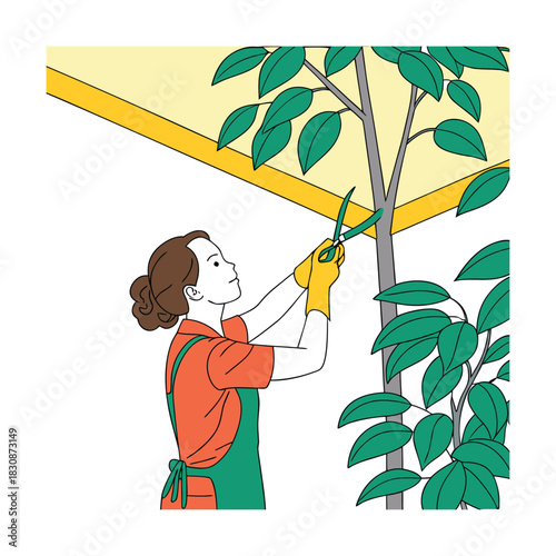 A woman is pruning a tree with gardening shears, wearing gloves and an apron, under a yellow awning, showcasing a gardening activity in a bright setting