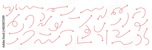 Squiggly arrows doodle set. Curve and Spiral comic symbols in sketch style. Hand drawn vector illustration isolated on white background