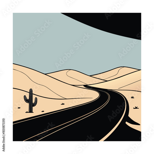 A winding road stretches through the desert landscape, with a solitary cactus standing tall against the backdrop of rolling hills and a vast, open sky