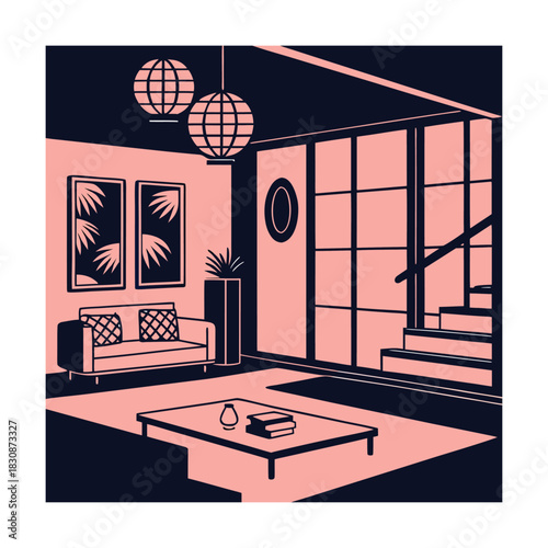 A midcentury modern living room interior showcases a stylish sofa, globe pendant lights, and sliding doors, creating a retro and sophisticated ambiance