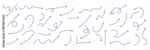 Squiggly arrows doodle set. Curve and Spiral comic symbols in sketch style. Hand drawn vector illustration isolated on white background