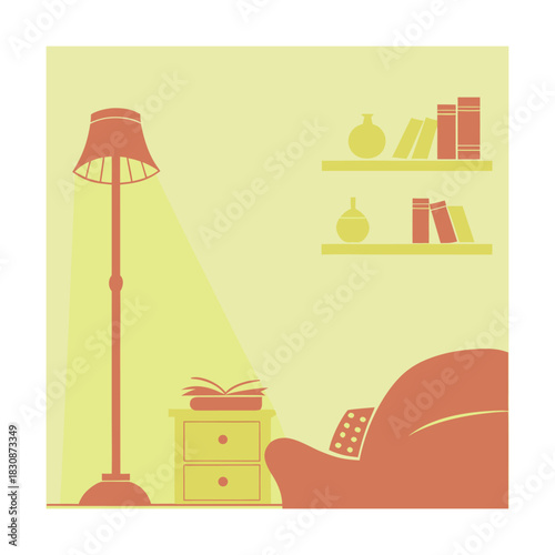 A cozy reading nook with a floor lamp, armchair, and bookshelf creates a warm and inviting atmosphere for relaxation and literary escape