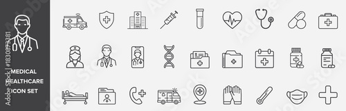 Healthcare icon set. Essential medical line icons covering various health and wellness aspects for applications websites and digital presentations