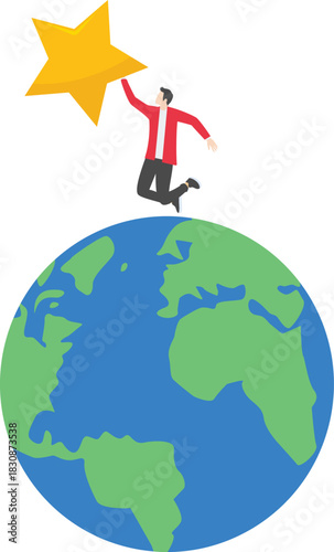 Businessman on globe reaching and grab precious star. concept of success, reward, career path or dream job and opportunity

