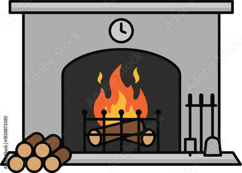 A cozy cartoon fireplace illustration featuring a burning fire, a stack of logs, fireplace tools, and a simple clock on the mantelpiece.