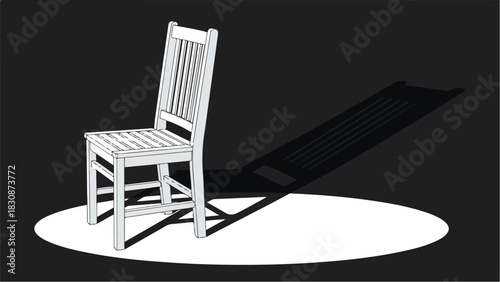 Chair illuminated by spotlight casting a long shadow on dark background.