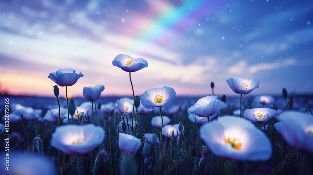 Obraz premium Enchanting twilight scene with a vibrant rainbow arching gracefully over a fantastical field of glowing white poppies under a star-dusted, magical sky
