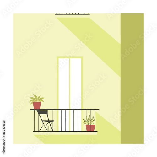 A serene balcony scene with potted plants and a chair bathed in sunlight, creating a tranquil and inviting outdoor space for relaxation and enjoyment
