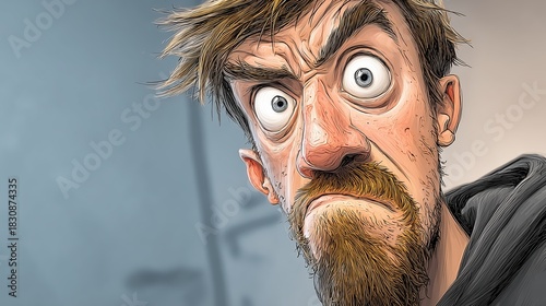 Portrait stylisé d'un homme barbu aux yeux exorbités et expression surprise