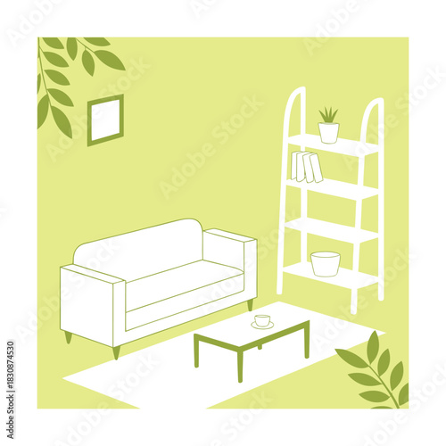 A cozy living room illustration featuring a sofa, bookshelf, coffee table, and picture frame, creating a welcoming and comfortable interior space