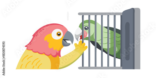 Closeup pet parrot interacting in cage
