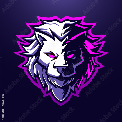 Lion E-sport Mascot Logo. Fierce Purple Neon Gaming Emblem
