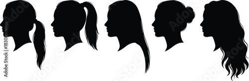 Beautiful Female Profile Silhouettes Vector Illustration Set, Different Hairdos Including Ponytail, Long Hair, and Bun, Representing Woman, Beauty, and Fashion
