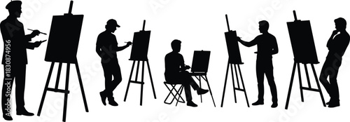 Artists Painting on Easels Vector Silhouette Set, Male Painters Working on Canvases, Art Class, Creativity, Hobby, Workshop, and Fine Arts Concept