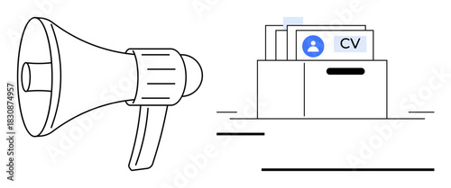 Recruitment concept. Recruitment highlighted with megaphone and CV file in folder job application and hiring process. Recruitment for HR, hiring campaigns, career portals, online jobs, workforce