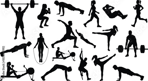 Diverse Fitness and Kickboxing Silhouettes Vector Set, People Training with Weights, Cardio, Planks, and Martial Arts Kicks, Sport and Active Lifestyle