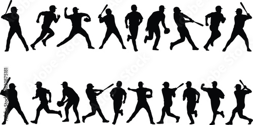 Large Baseball Players Silhouettes Vector Set, Men in Various Actions like Batting, Pitching, Running, and Catching, Sport, Teamwork, and Competition
