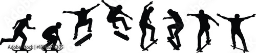 Multiple Skateboarder Action Silhouettes Vector Set, Young Men Performing Extreme Tricks and Jumps, Skateboarding, Urban Sport, and Active Youth Culture