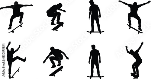Skateboarding Action Poses Vector Silhouettes, Skateboarders Performing Extreme Tricks and Jumps, Urban Culture, Youth Lifestyle, and Extreme Sport Concept