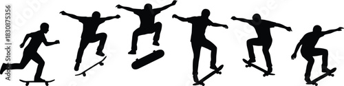 Skateboarder Action Silhouettes Vector Set, Young Man Doing Extreme Tricks and Jumps, Skateboarding, Skate Park, Stunts, and Youth Sport Lifestyle