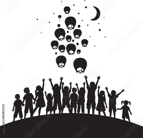Children silhouettes watching lanterns rise into the night sky