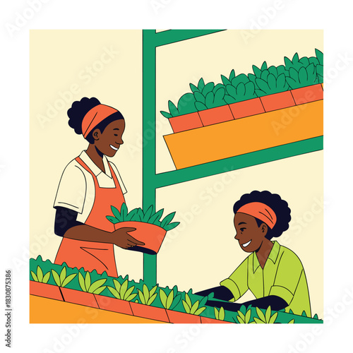 Two women tending to plants in a vibrant indoor garden, carefully nurturing seedlings and enjoying the process of cultivating fresh produce in a greenhouse