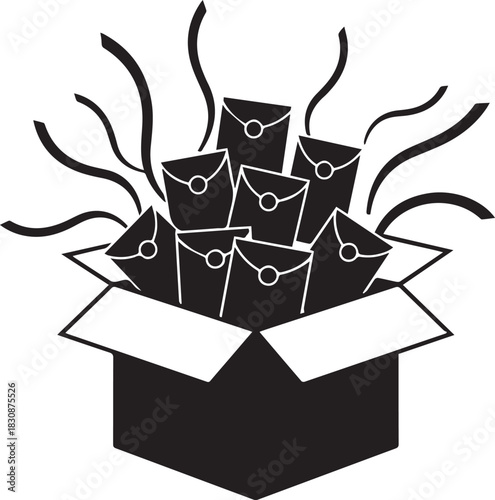 Explosion of envelopes spilling out of a cardboard box