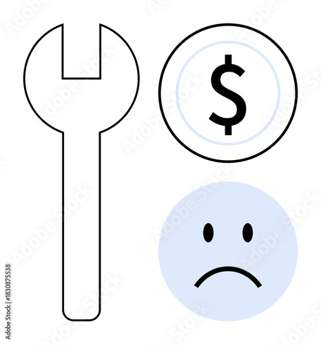 Financial maintenance. A wrench, dollar sign, and sad face financial challenges and economic repair. Financial tools, budget issues, and business recovery. For fintech, business consulting crisis