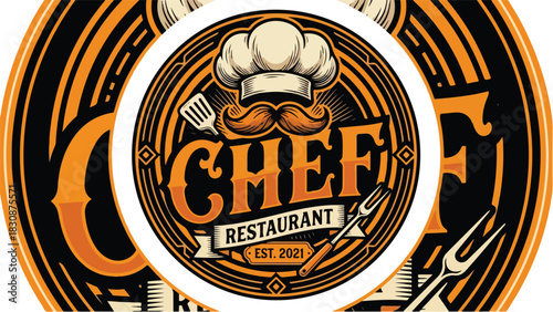 Chef Restaurant Logo Design with Culinary Elements and Vintage Style.