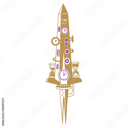 Whimsical Time Needle Illustration Exploring Concepts of Time Travel and Mechanical Design in Gold and Purple Hues