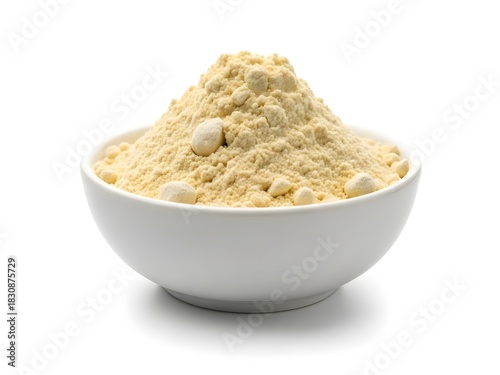 A mound of chickpea flour (besan) in a small white ceramic bowl, fine powder texture with slight clumps,  isolated on a pure white background.