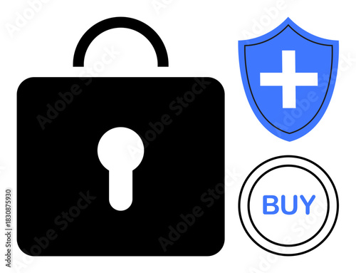 Black lock, blue shield with cross, buy button symbolizing security, trust, and safe online transactions. Ideal for e-commerce, online safety, cybersecurity, payment protection insured shopping