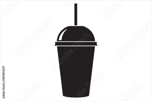 Simple black and white illustration of a plastic cup with a straw