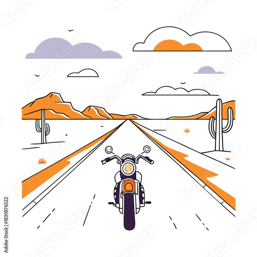 Motorcycle on a desert road under a bright sky, a symbol of freedom, adventure, and the open road, isolated on
