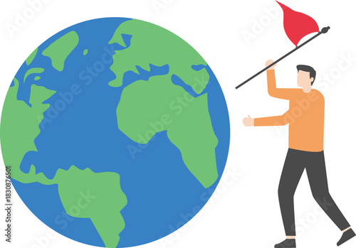 Winning world or global business success, international opportunity to grow and expand business, worldwide career development concept, success businessman climb up ladder holding winning flag.

