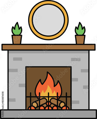 A cozy cartoon illustration of a grey brick fireplace with a burning fire, decorated with potted plants on the wooden mantel and a round mirror hanging above.