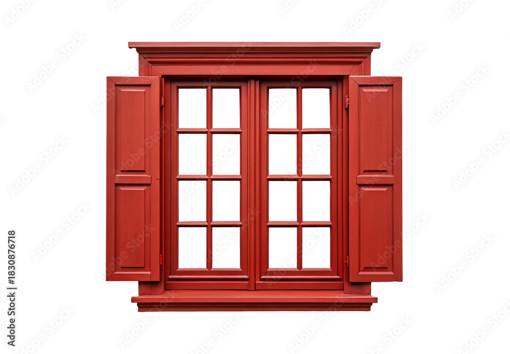 Obraz premium Classic red wooden window with shutters and grid panes, isolated on a transparent background