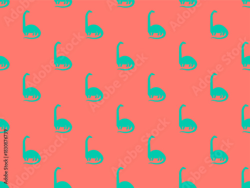Cute kid poster with dinosaur icon. Summer bright seamless pattern with brachiosaurus . Geometric banner of ancient predator animal, vector illustration